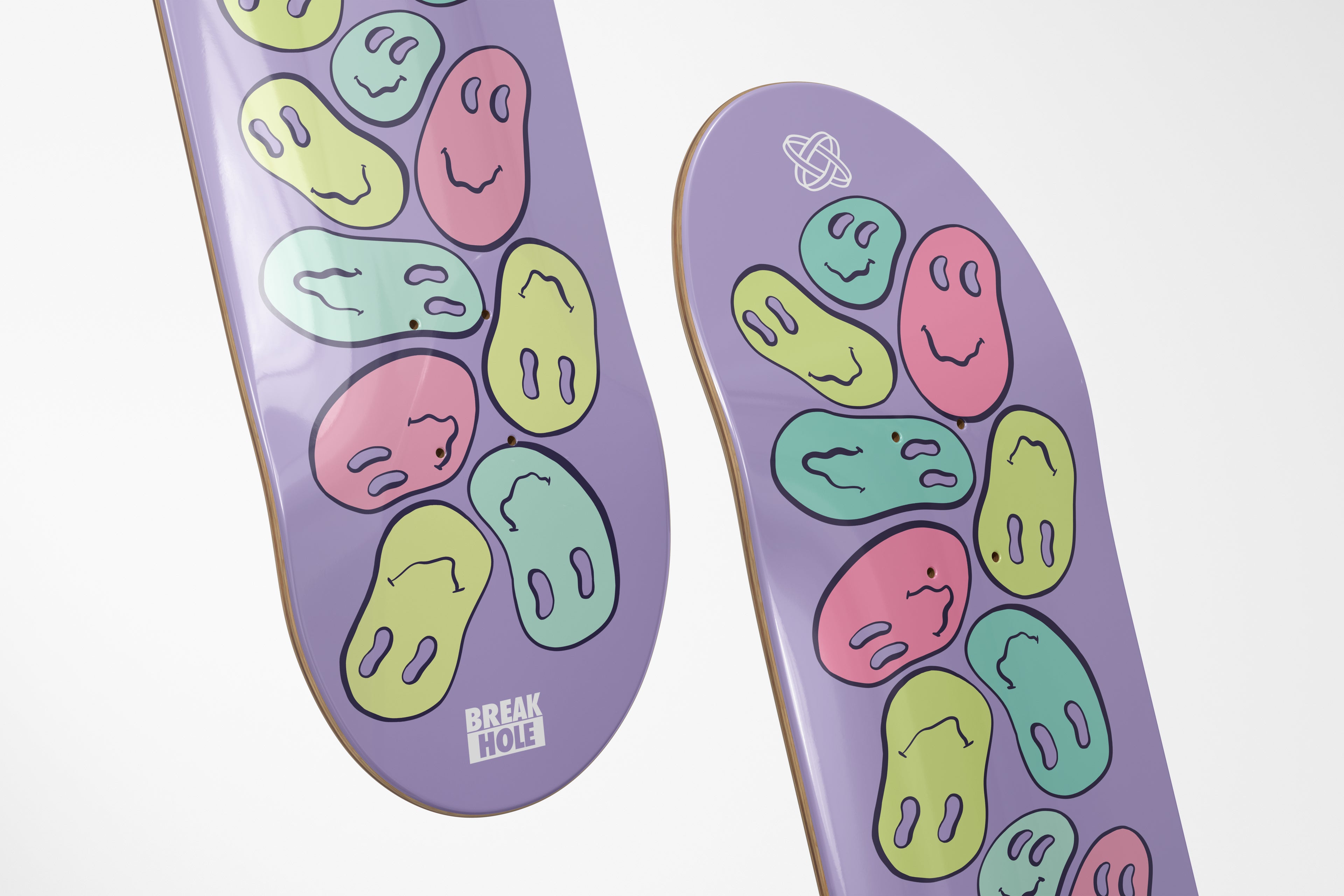 Purple skateboard deck adorned with numerous smiley faces