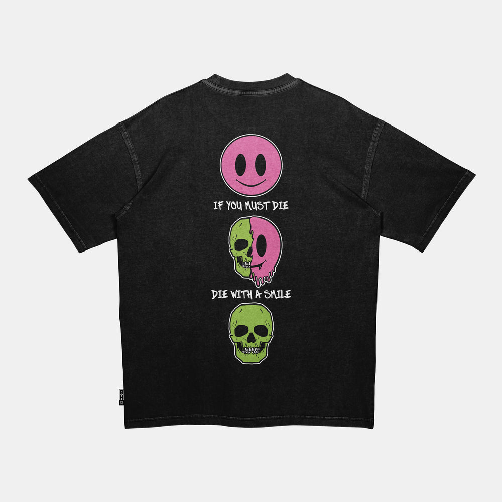 Black T-shirt with skull and smiley face graphic