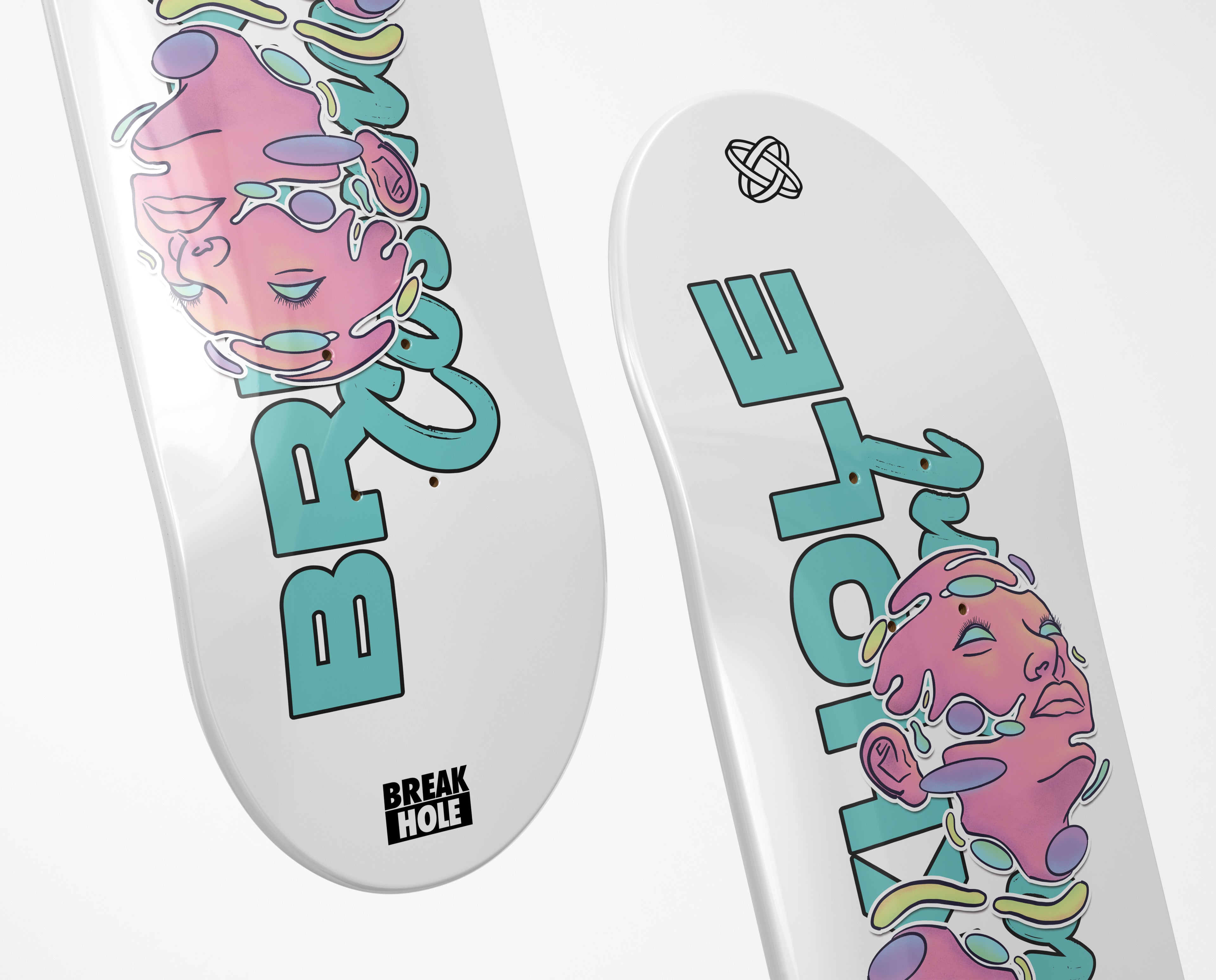 White skateboard deck featuring an illustration of a female face and the universe