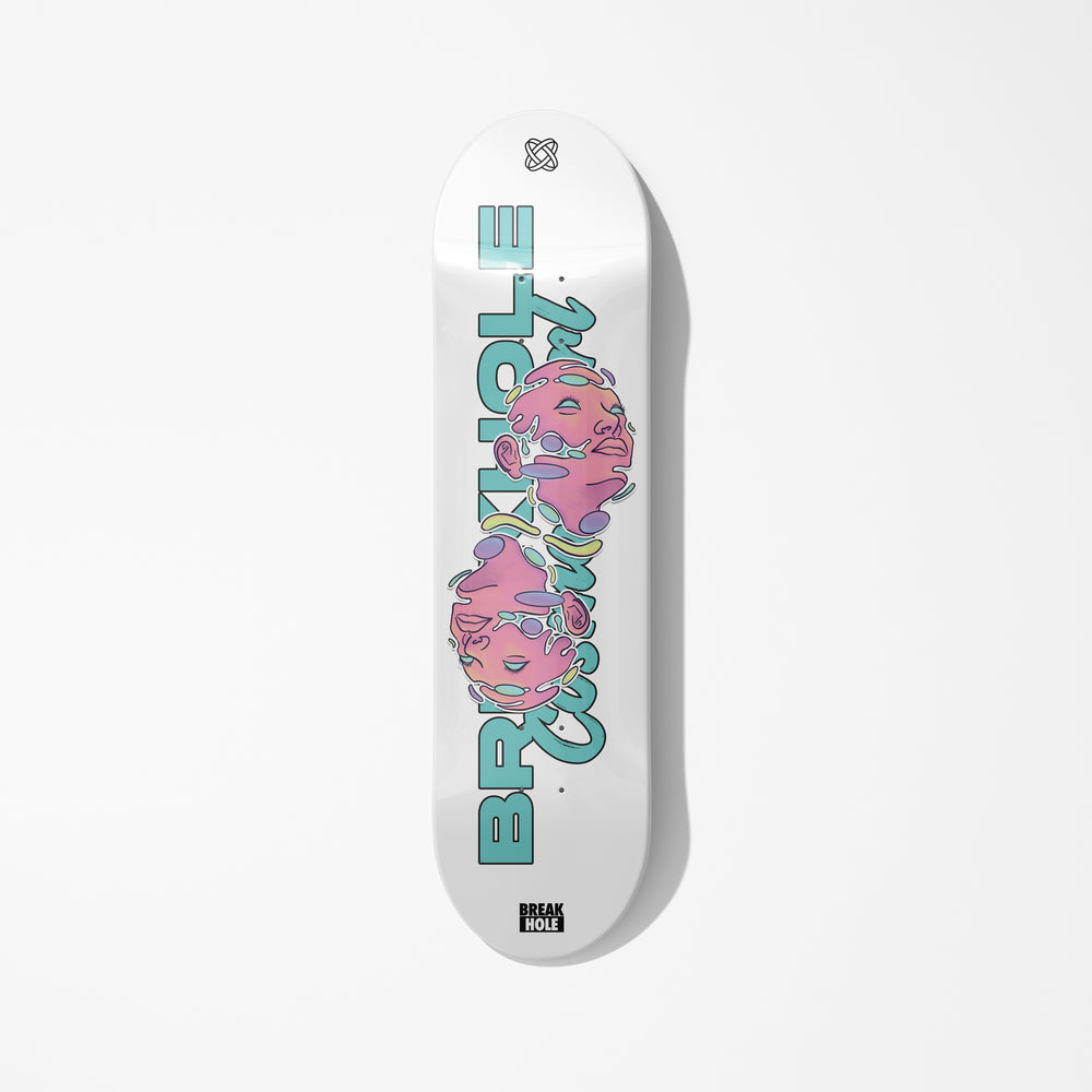 White skateboard deck featuring an illustration of a female face and the universe