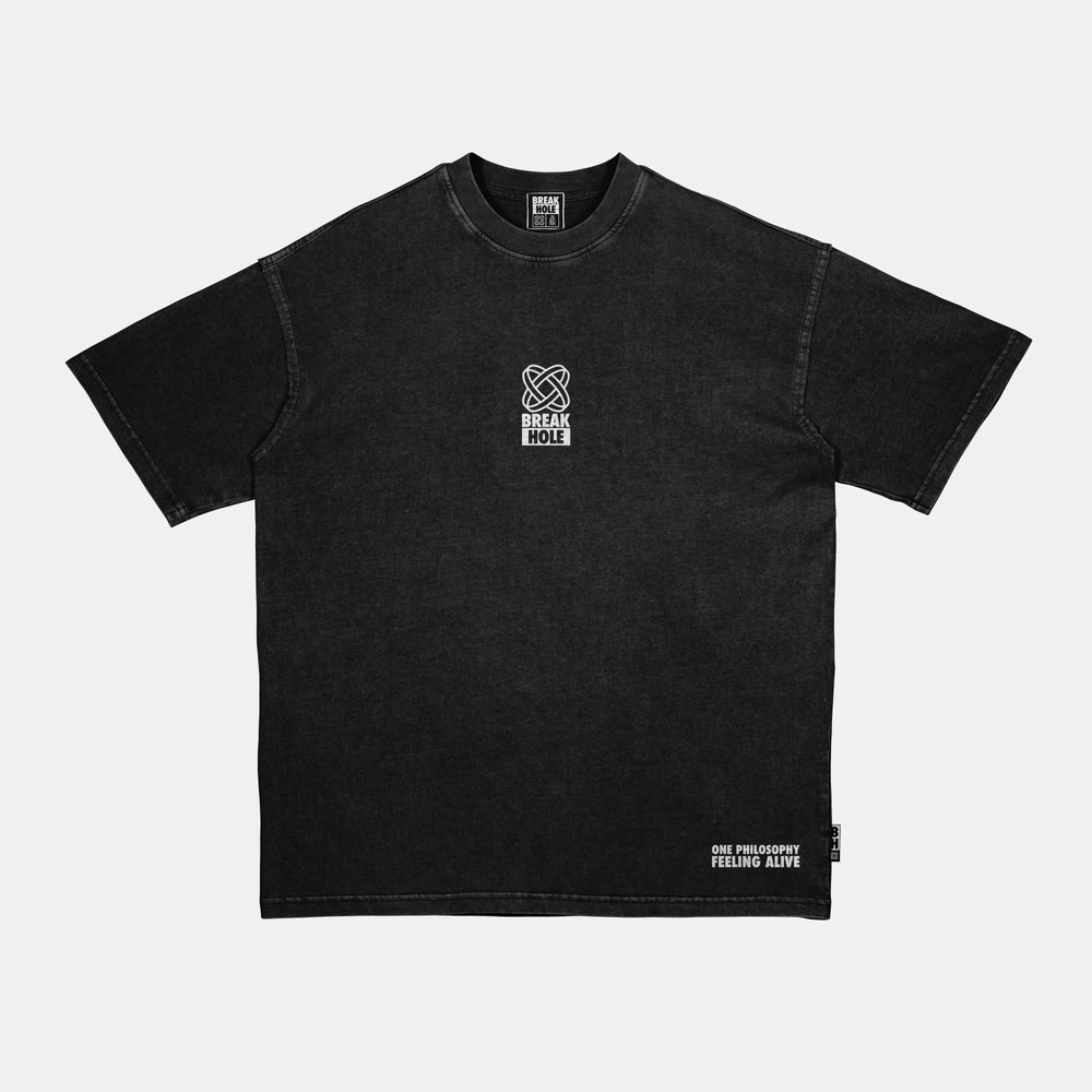 Black T-shirt featuring the 'ONE PHILOSOPHY FEELING ALIVE' logo and text