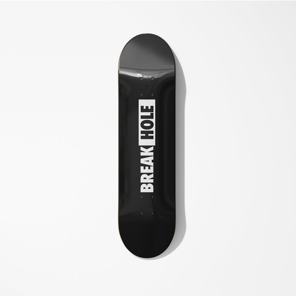 Black skateboard featuring a logo BreakHole design