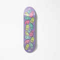 Purple skateboard deck adorned with numerous smiley faces